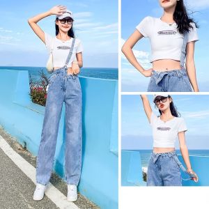 Jumpsuit Jeans Wanita Dengan Pinggang Tinggi Longgar Dan Satu Bahu