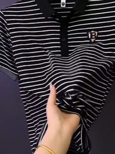 8XL 5XL Plus Size Polo Shirt For Men Striped Ice Silk Breathable Loose Fit Short Sleeve Casual Top Hot sale