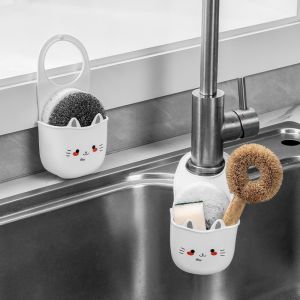 CHENJIE White Cartoon Cat Hanging Basket Snap Fastener Soft Faucet Sponge Holder Portable Silicone Sink Hanging Storage Bag for Home