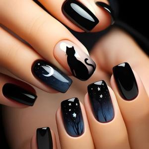 24 Pcs Black Cats Stick on Nail Gradient Artificial Nail Moon and Stars False Nail Glossy Press On Nail for Woman Girls