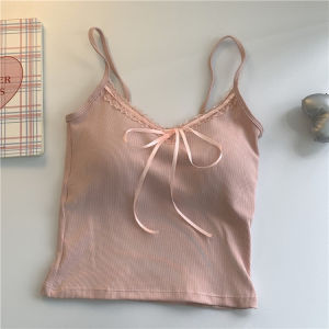 2024 Summer New Lace Bow Strap Small Tank Top with Chest Pads Womens V-neck Slim Inner Layup Top