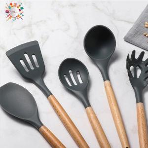 RT82 Kitchen Utensil Silicone Wood 11pcs Set Peralatan Dapur Masak Baking Sutil Spatula Sendok Silikon Set Alat Masak 11 in 1 Gagang Kayu DA525