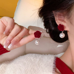 Hmeme ต่างหูมุกสีแดงดอกกุหลาบสีไวน์แบบย้อนยุคตุ้มหูสำหรับงานแต่งงานต่างหูเครื่องประดับตรุษจีน