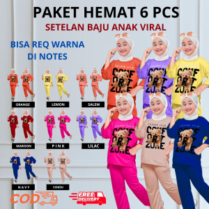 Setelan Lusin Anak Muslimah ELANNO - Kostum Bertudung Lengan Panjang dengan Motif Grafis Bear - 2/4/6/12 Pcs - Warna Neon/Multicolor