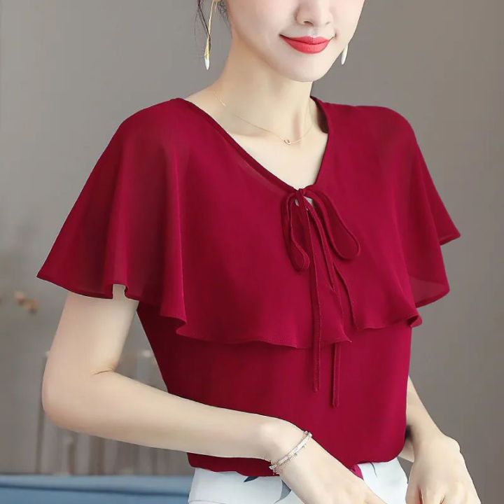 red chiffon top