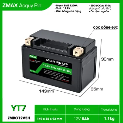 Bình Acquy ZMax Pin Lithium LifePO4 12V 12Ah ZMBAL12V12H-YT6 Dùng Cho Xe Máy