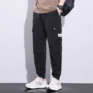 Mens Spring Loose Ice Silk Multipocket Drawstring Leg Sports Casual Pants Summer Loose Oversized Track Pants 6 Convenient Pockets Skin-Friendly Quick-Drying