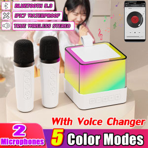 🎤2 Microphone🎤Wireless Bluetooth Smart Speaker HI-FI 5 Color Modes Bluetooth 5.3 With Voice Changer 15M Signal Transmission Portable Audio Home Karaoke Subwoofer Speaker 3D Stereo Amplifier