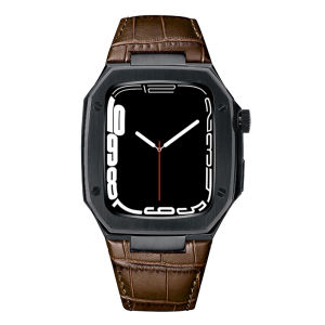 Metal Case and Strap For Apple Watch band 9 8 7 SE2 45mm 44mm Stainless Steel Case Genuine Leather replacement Watch Band For iWatch Series 9 8 7 SE 6 5 4 Modification Kit