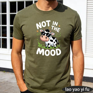 [Local Stock] HBESTY  Not In The Mood Funny Cow Graphic Olive Top Sassy Attitude Men Tee Cute Animal T-Shirt Humor Sarcastic Shirt Daily Relaxed Wear