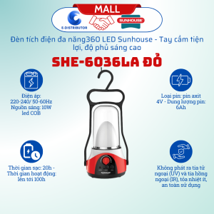 Đèn tích điện đa năng 360 LED Sunhouse SHE-6036LA - Độ phủ sáng cao Tay cầm tiện lợi - Hàng chính hãng