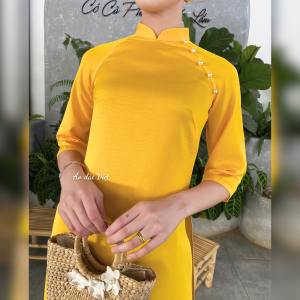 Áo dài cách tân nữ tết dáng suông tiểu thư màu vàng may sẵn lụa tây thi cao cấp