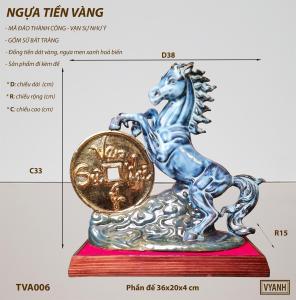 NGỰA TIỀN VÀNG - XANH - TVA006 Gốm sứ Bát Tràng đồng tiền có 2 dòng chữ "vạn sự như ý - mã đáo thành công" tượng ngựa cho năm Bính Ngọ nhiều tài lộc.