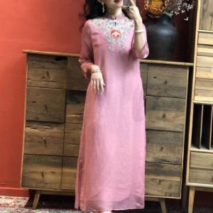 OXO Republic of Vietnam 2024 Summer New Machine Embroidery Light-Colored Elegant Cheongsam Dress Cotton Linen Dress Young Belly Covering