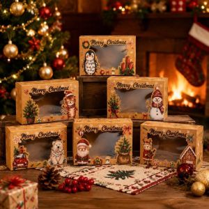 PENTU 6pcs Thick Cardboard Christmas Candy Box Easy Assembly Cartoon Empty Chocolate Box Reindeer Sturdy Structure Holiday Gift Packaging Christmas Eve