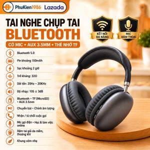 Tai nghe chụp tai bluetooth chính hãng có míc hỗ trợ chân 3.5 và thẻ nhớ nghe nhạc pin bền