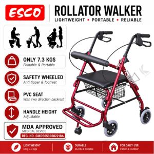 Esco Rollator Walker with Seat & Footrest - 7.3 kg Foldable & Portable - Safety Wheeled Anti Tippert & Footrest - PVC Seat with Two Direction Backrest - Handle Height Adjustable