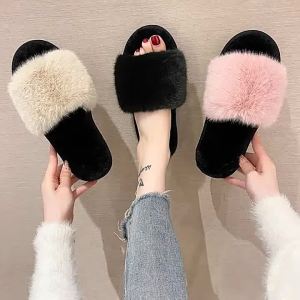 New Solid Color Flat Slippers For Women Home Casual Rabbit Fur Open-Toe Cotton Slippers TPR