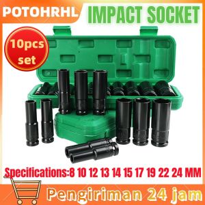 【Stok Tersedia】 8-24MM Kunci Sok Set Mata Kunci Impact Impact Socket Set Mpact Tekiro Batrei 10Pcs 1/2 Inch Panjang Mencapai Extension Impact Socket Panjang Mencapai Soket Nut Perbaikan Alat