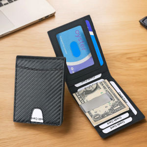Mens Carbon Fiber Patterned USD Money Clip Cowhide Short RFID anti-theft brush Wallet