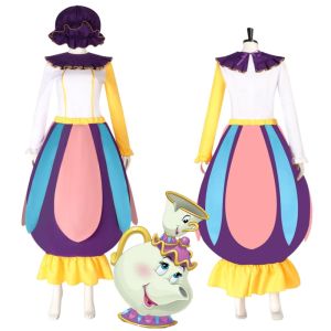 Mrs Potts Cosplay Dress Costume Beauty and the Beast Disguise for Adult Dress Hat Bustle Fantasia Outfit Halloween Carnival Suit