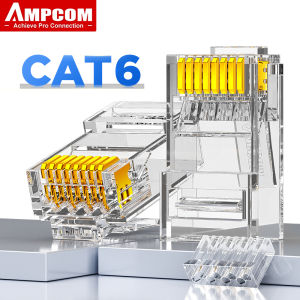 AMPCOM CAT6 RJ45 Modular Plug Connector: UTP 50μ Gold-Plated Split-Type 8P8C Crimp End for Ethernet Cable - Ideal for Bulk Ethernet Cable Solutions