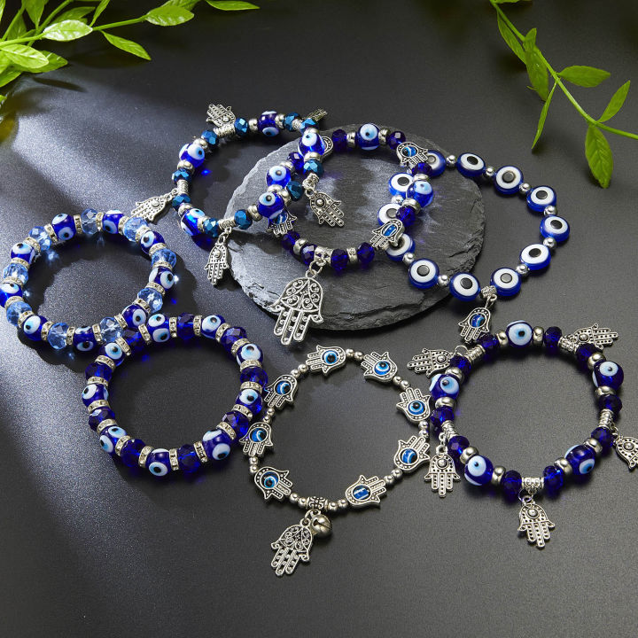 Turkish Lucky Evil Eye Bracelets Blue Evil Eye Bead Bracelet Men Women  Handmade Bracelet Female Charm Bracelet Elastic Couple Lucky Jewelry