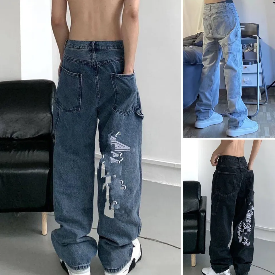 Men's Trendy Solid Straight Leg Jeans Loose Men's Denim Pants Streetwear  Hiphop Jeans
