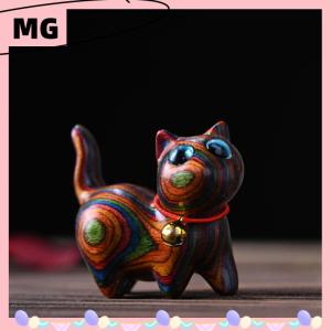 【Magical House】[ New Hot Fashion] Rainbow Wood Carving Cat Sculptures Cat Ornaments Cute Colored Wooden Cat Desktop Office Accessories Home Decor Gift Souvenirs