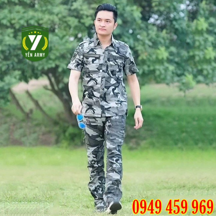 Bộ Quần Áo Sơ Mi Lính Nam Cộc Tay Màu Rằn Ri Túi Khóa Chéo - Mã A205 + Q001