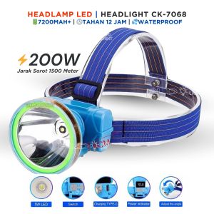 Senter Kepala Selam 200 Watt Headlight CK-7068 Cahaya Putih Super Terang Batrai Cas USB Tipe-C Headlamp Super Bright Tahan Lama - TSA
