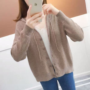 Coat Womens Spring and Autumn New Casual Button Hooded Knitted Cardigan