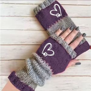 ZEIIE Heart-Shaped Fingerless Gloves Color-Blocking Elastic Cuffs Decorative Gloves Vintage Touchscreen Compatible Womens Winter Gloves For Women