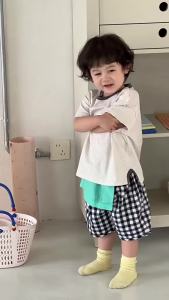 Baby clothes summer thin style Korean-style childrens clothing boys short sleeves T Customized plaid shirt and shorts set