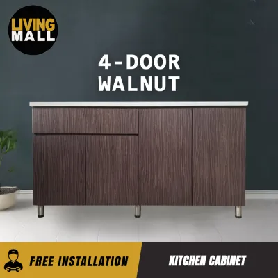 Living Mall Everly 2/3/4 Door Kitchen Cabinet Ceramic Tile Top with Gas Cabinet in Walnut & Natural Color