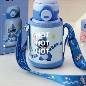 550ml Stitch Stainless Steel Insulated Water Bottle Dual-Drink Bouncing Cup with Strap and Straw