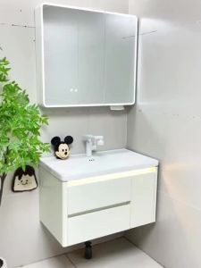 Bathroom Vanity Set Honeycomb Aluminum Modern Style with Integrated Ceramic Basin & LED Inligent Makeup Lamp