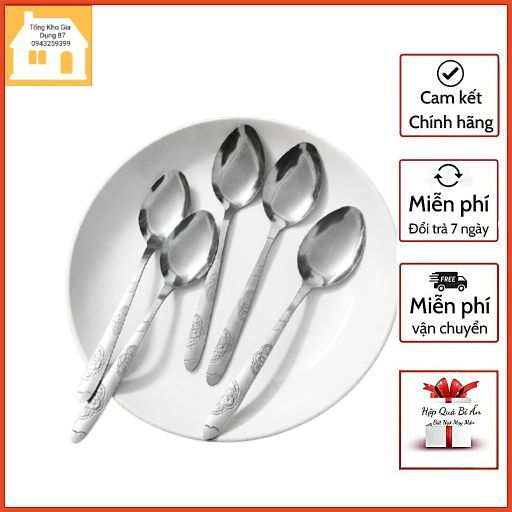 Sét 5 Thìa inox - muỗng súp inox cán dài 17cm trạm khắc hoa văn tinh ...