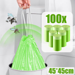 SIMLIFE 100Pcs Garbage Bag Mugwort Mosquito Repellent Dustbin Bag Plastik Sampah Rubbish Bin Bag Drawstring Thickened Trash Bag 艾草垃圾袋