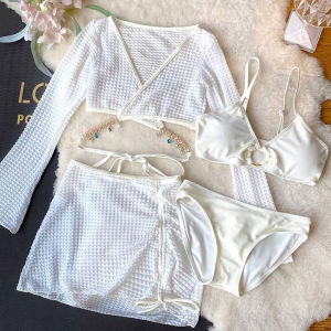 ชุดว่ายน้ํา บิกินี่ แขนยาว ผ้าตาข่าย คลุมกระโปรง แฟชั่นสไตล์เกาหลี 4 ชิ้น 2417