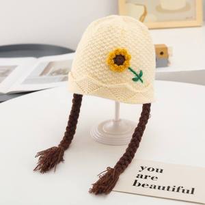 หมวกไหมพรมถักสำหรับเด็กผู้หญิง1-3year หมวกฤดูหนาวอบอุ่น Topi Pelindung Telinga หมวกไหมพรมถักน่ารักสำหรับเด็กดอกไม้โครเชต์