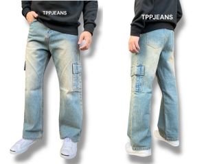 TPPJEANS Cargo Straight กางเกงยีนส์คาร์โก้ทรงกระบอกใหญ่ สียีนส์ฟอกสนิม กระเป๋าข้างเป้าซิป SIZE 28-36 รับชำระปลายทาง