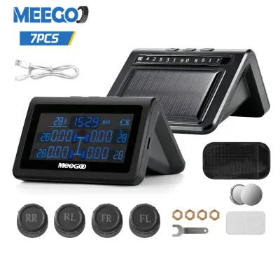 MeeGoo เครื่องวัดความดันลมยางรถยนต์ไร้สาย TPMS พร้อมเซ็นเซอร์ภายนอก4ตัว เตือนอุณหภูมิดิจิตอลแมนโนเมต ที่วัดลมยางรถ หน้าจอ4inch พร้อมอุปกรณ์ใช้งาน