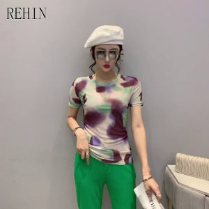 REHIN Womens top Summer fashion Swoosh mesh floral print red flower short-sleeved T-shirt V-neck slim and thin elegant Tie-dye S-3XL blouse