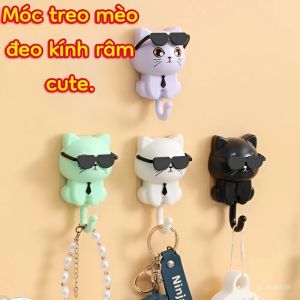 Móc Treo Dán Tường Hình Mèo Đeo Kính Cute | Móc Treo Không Khoan Chịu Lực 5kg Treo Đồ Nhà Tắm Bếp