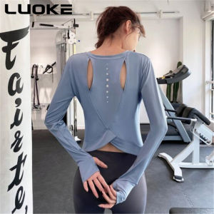 Luoke Gym Wear Tops Loose Slimming Blouses Fitness Sports Wear Running Training Back Hollow Long-sleeved Sports Tops Women