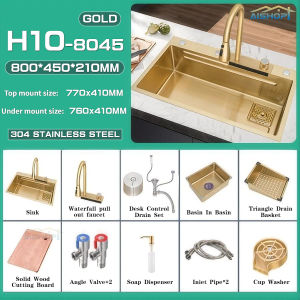 [OKLIFE. SG] 304 Stainless Steel Gold Waterfall Kitchen Sink  Single Basin Bowl Tank Pullout Faucet Tap