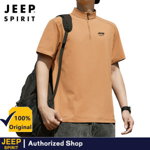 JEEP SPIRIT Summer New Mens Casual Slim Fit Collar Breathable Half Zipper Short Sleeve Top Solid Color Comfortable T-shirt