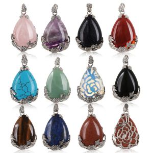 CHUAN Vintage Water Drop Gemstone Inlaid Flower Reiki Healing Opal Turquoise Amethyst Agate Necklaces Pendants Natural Quartz
