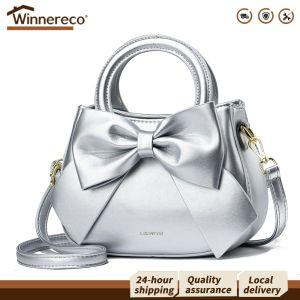 Womens Elegant Solid Color Crossbody Bag with Bow Detail Durable PU Material for Travel and Casual Wear